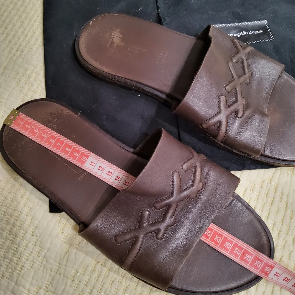 Ermenegildo Zegna Brown Leather Slides Size 10 with Dust Bags